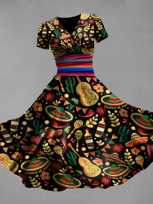 Vintage Bohemio Mexicano Estampado Floral Cuello En V Elegante Vestido Midi Suelto de Manga Corta