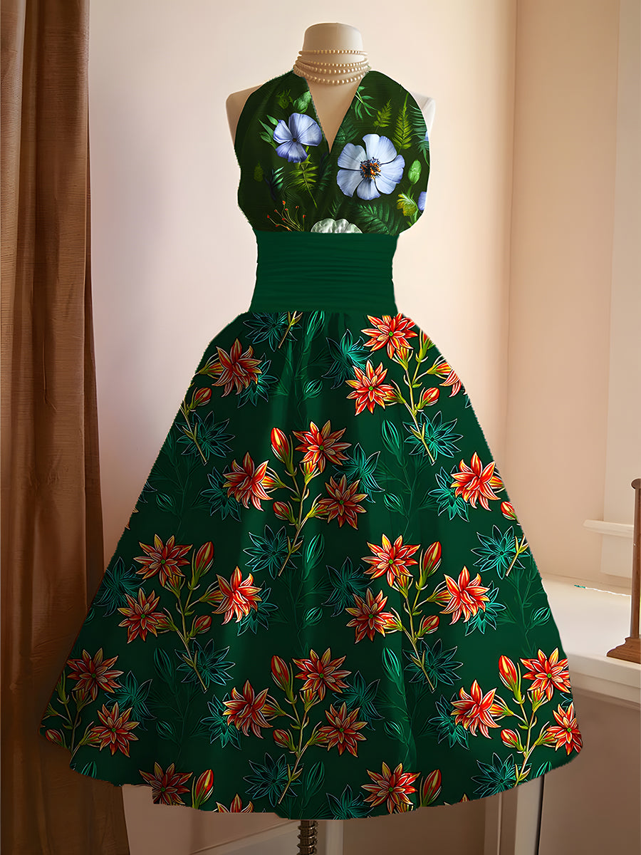 Vestido Midi elegante con cuello en V y estampado de arte floral vintage para mujer