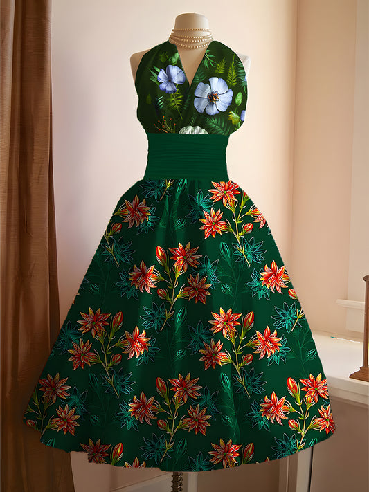 Vestido Midi elegante con cuello en V y estampado de arte floral vintage para mujer