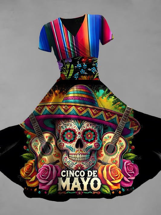 Vintage Bohemio Mexicano Estampado Floral Cuello En V Elegante Vestido Midi Suelto de Manga Corta