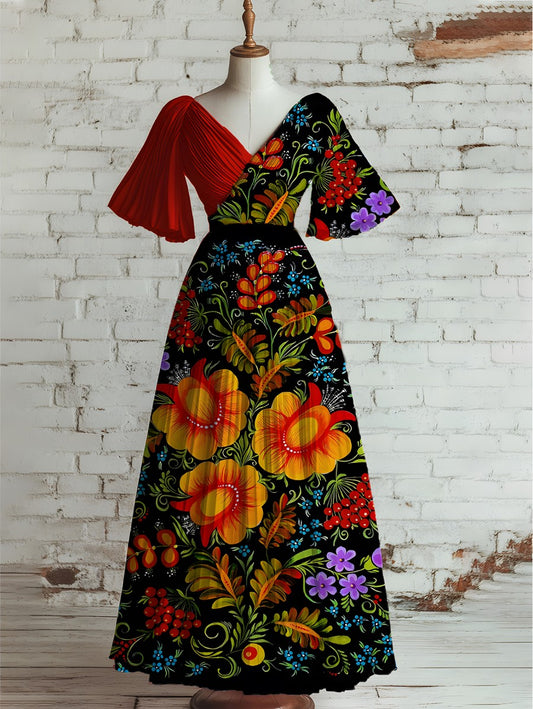 Vestido de Midi elegante de manga corta con cuello en V estampado floral mexicano vintage para mujer