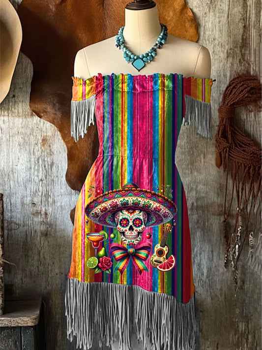 Vintage Cinco de Mayo arte impresión borla de hombro Midi vestido de las mujeres