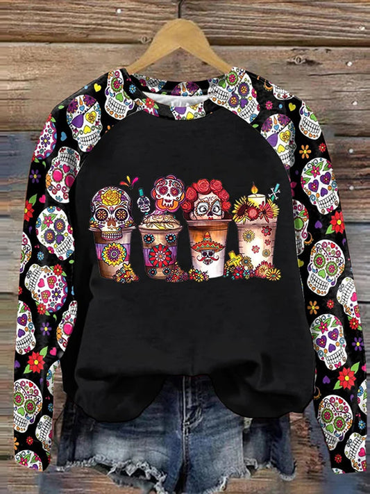 Día mexicano del vintage del suéter ocasional y cómodo muerto de la impresión del arte