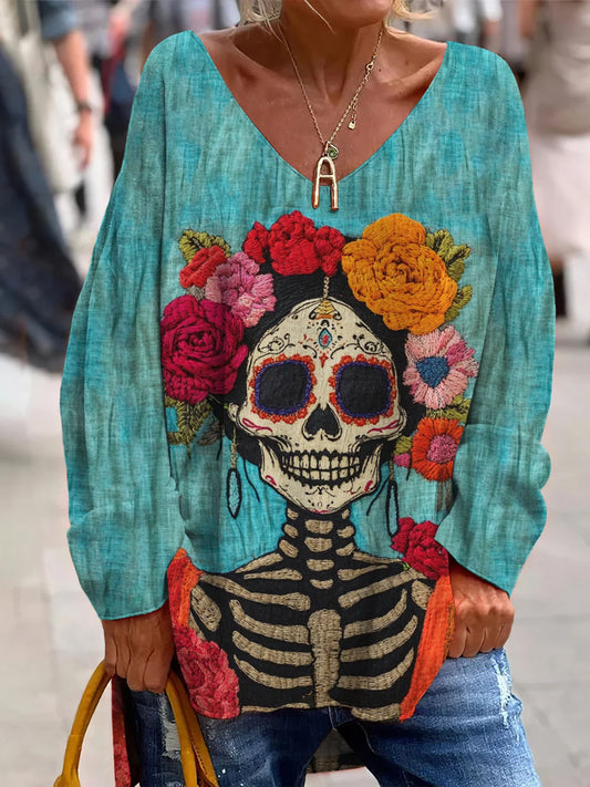 Vintage Mexican Day Of The Dead Art Print Top Casual con cuello en V