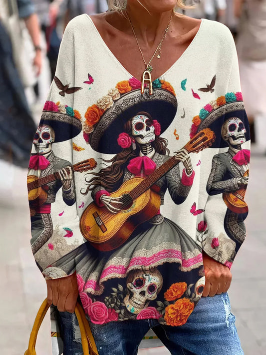 Vintage Mexican Day Of The Dead Art Print Top Casual con cuello en V