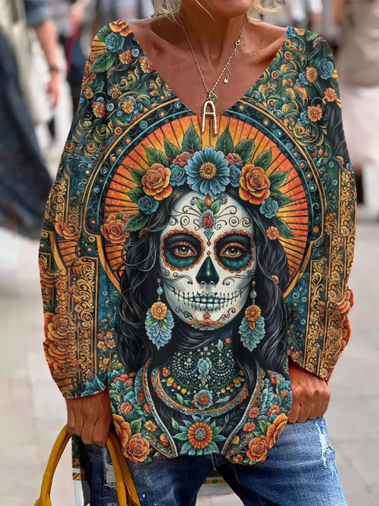 Vintage Mexican Day Of The Dead Art Print Top Casual con cuello en V