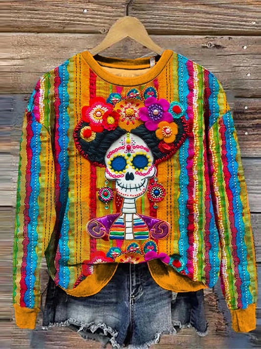 Día mexicano del vintage del suéter ocasional y cómodo muerto de la impresión del arte