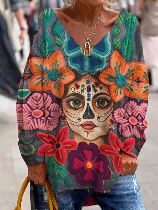 Vintage Mexican Day Of The Dead Art Print Top Casual con cuello en V