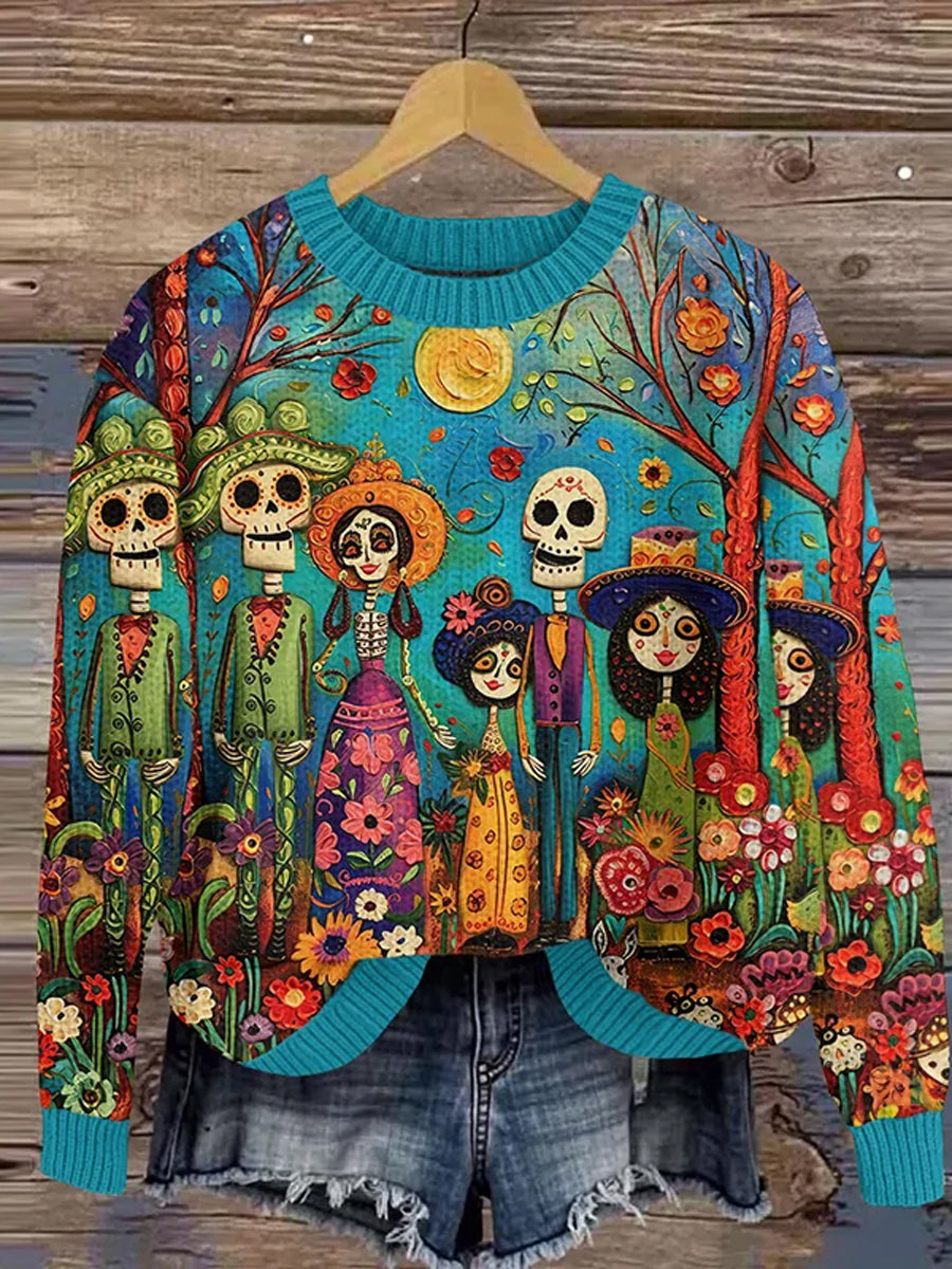 Día mexicano del vintage del suéter ocasional y cómodo muerto de la impresión del arte