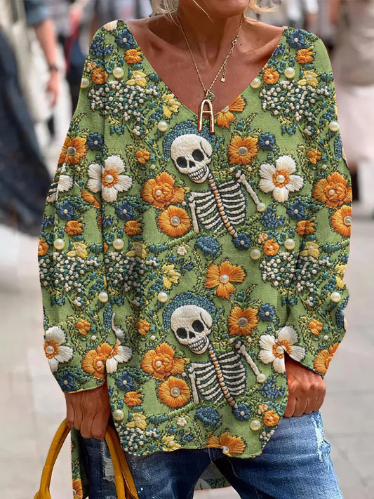 Vintage Mexican Day Of The Dead Art Print Top Casual con cuello en V