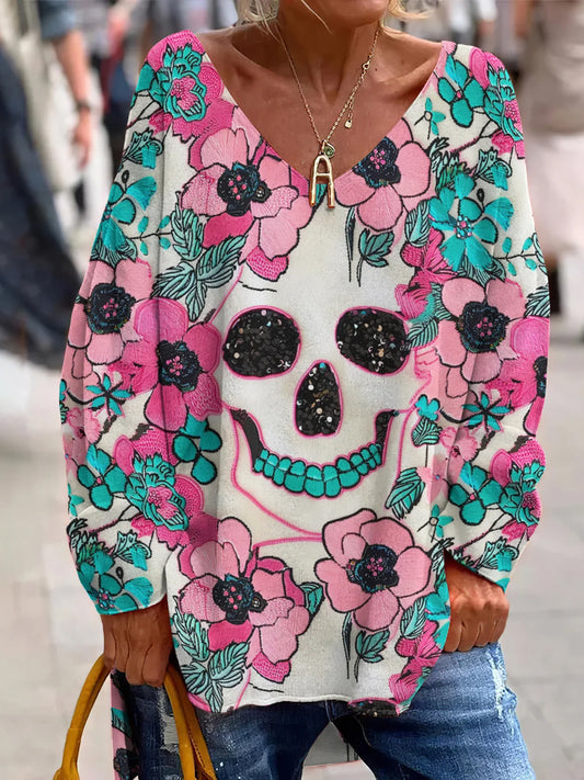 Vintage Mexican Day Of The Dead Art Print Top Casual con cuello en V
