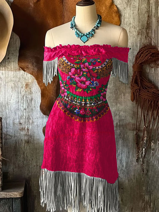 Mujeres Vintage mexicano flores arte impresión con flecos de hombro Midi