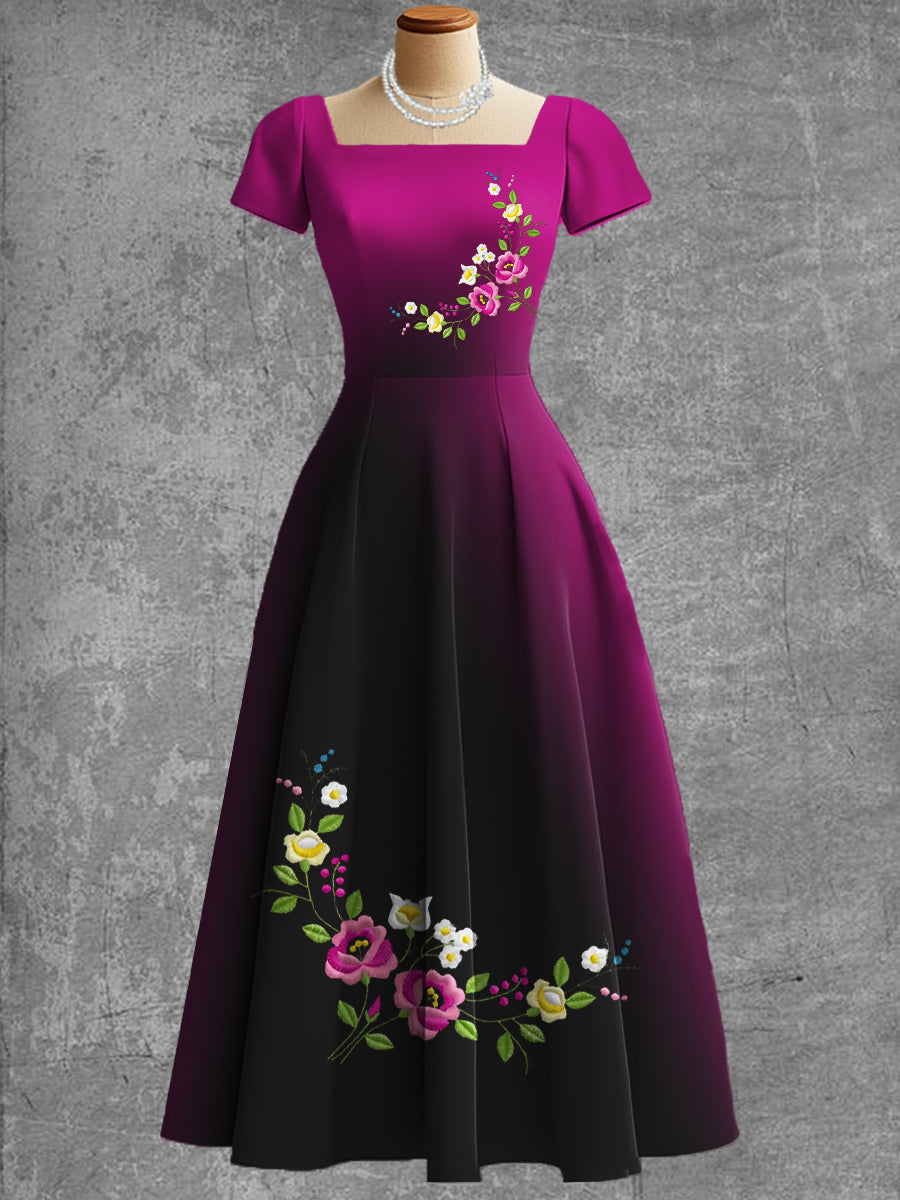 Mujeres vintage mexicano flores arte impresión V cuello elegante vestido midi