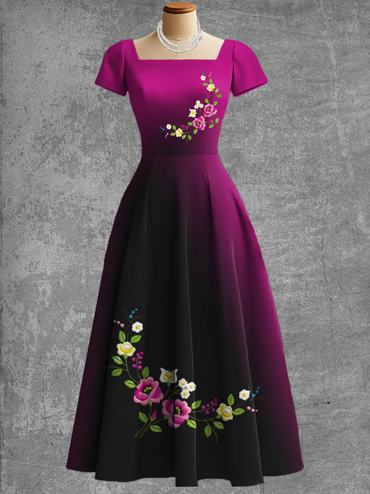Mujeres vintage mexicano flores arte impresión V cuello elegante vestido midi