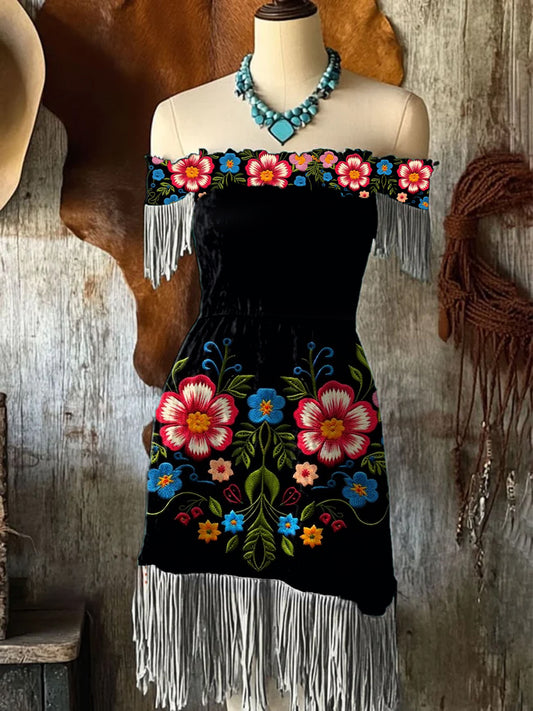 Mujeres Vintage mexicano flores arte impresión con flecos de hombro Midi