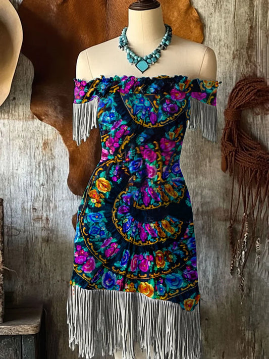 Mujeres Vintage mexicano flores arte impresión con flecos de hombro Midi