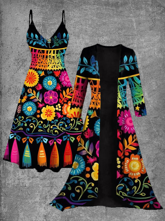 Vestido midi de dos piezas vintage con estampado de arte floral mexicano