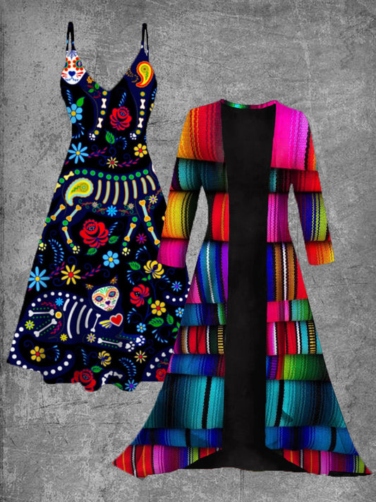 Vestido midi de dos piezas vintage con estampado de arte floral mexicano