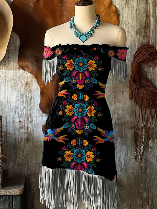 Mujeres Vintage mexicano flores arte impresión con flecos de hombro Midi