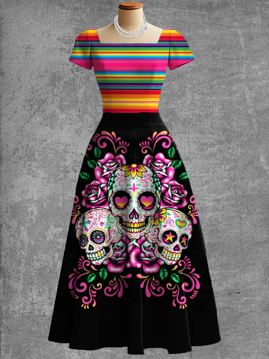 Mujeres vintage mexicano flores arte impresión V cuello elegante vestido midi