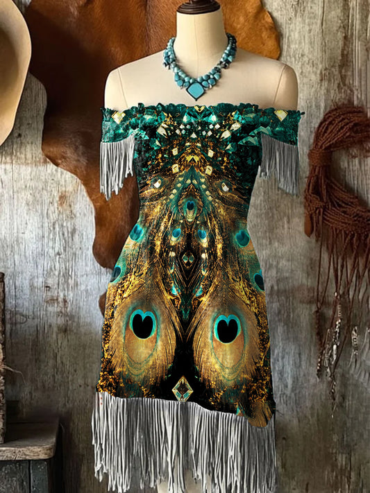 Mujer VintageFeathers Art Print Flecos Hombro Descendido Midi