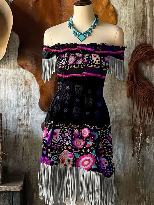 Mujeres Vintage mexicano flores arte impresión con flecos de hombro Midi