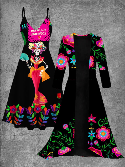 Vestido midi de dos piezas vintage con estampado de arte floral mexicano