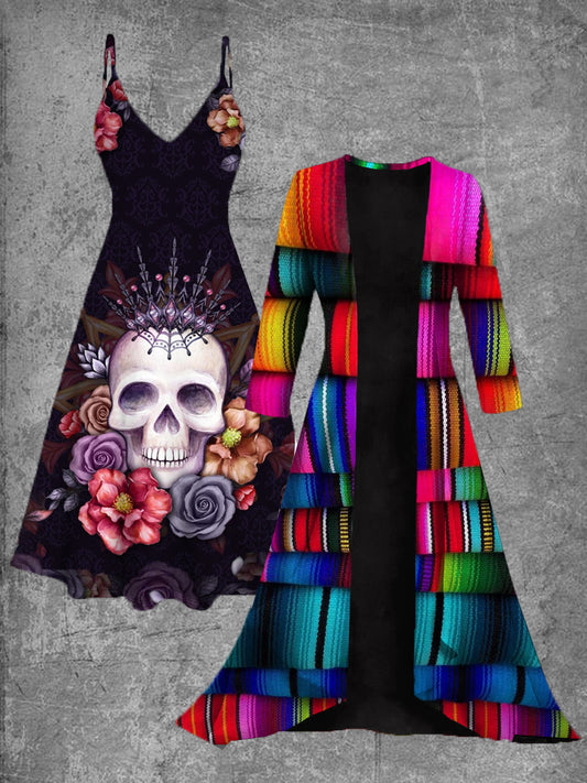 Vestido midi de dos piezas vintage con estampado de arte floral mexicano