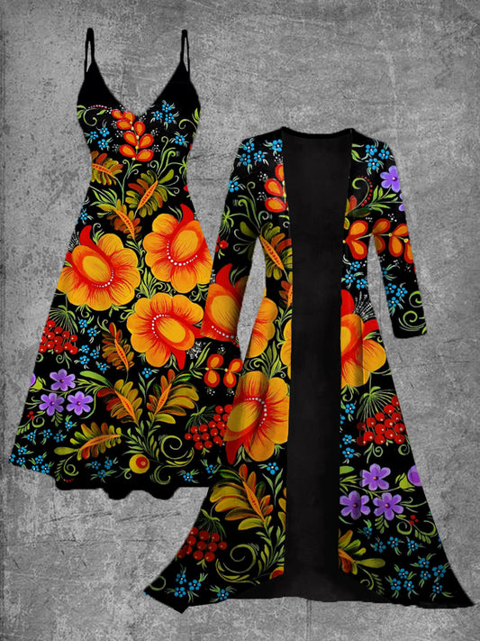 Vestido midi de dos piezas vintage con estampado de arte floral mexicano