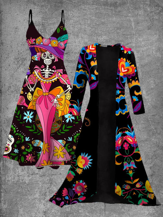 Vestido midi de dos piezas vintage con estampado de arte floral mexicano