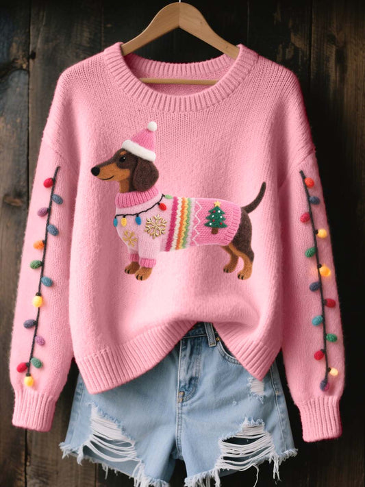 Suéter de punto acogedor de fieltro Dachshund de Navidad para mujer