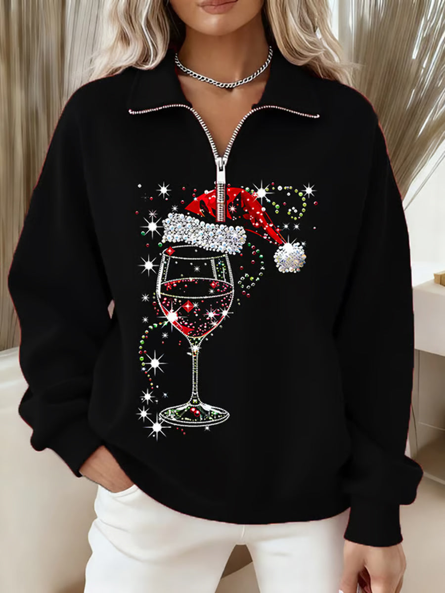 Sudadera con cremallera de manga larga de copa de vino Sombrero de Santa Claus de Navidad para mujer