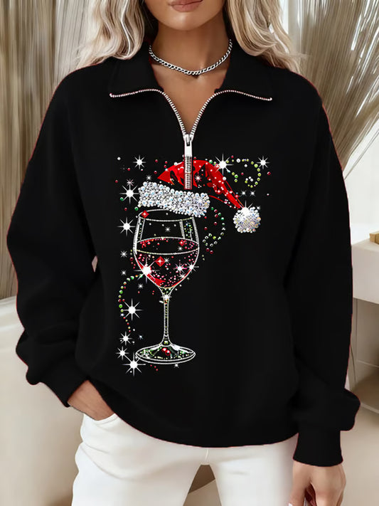 Sudadera con cremallera de manga larga de copa de vino Sombrero de Santa Claus de Navidad para mujer