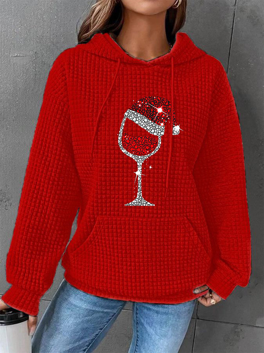 Mujeres de Navidad de vino rojo de cristal de impresión Casual Waffle Hoodie