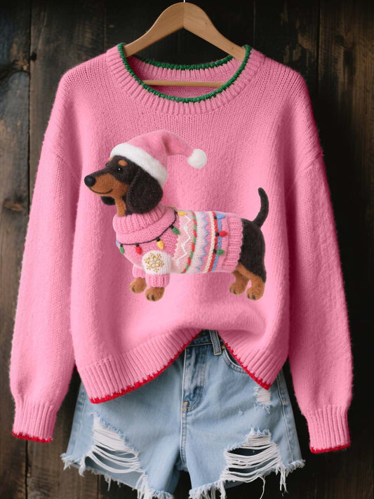 Dachshund encantador de la Navidad de las mujeres fieltro arte acogedor suéter de punto