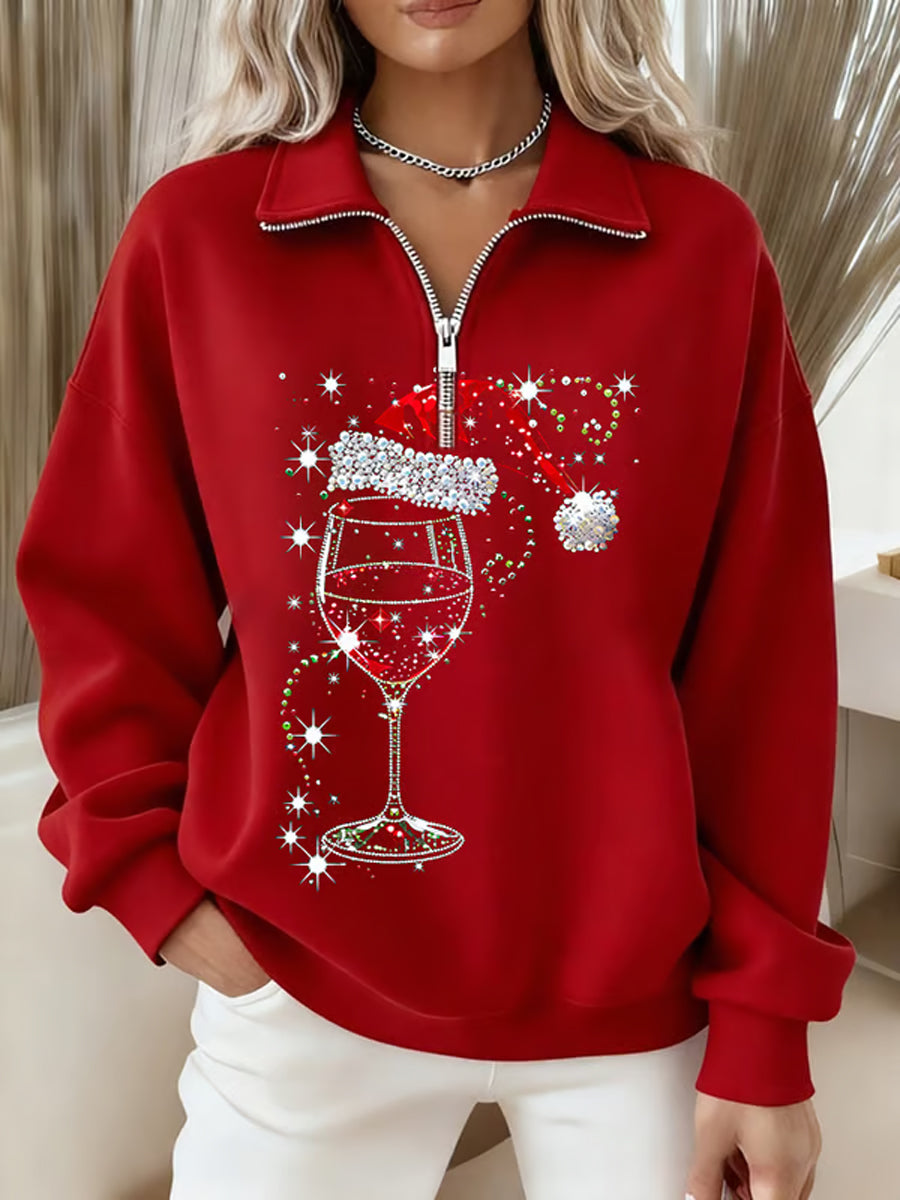 Sudadera con cremallera de manga larga de copa de vino Sombrero de Santa Claus de Navidad para mujer