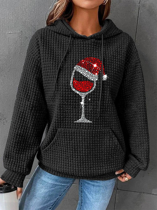 Mujeres de Navidad de vino rojo de cristal de impresión Casual Waffle Hoodie
