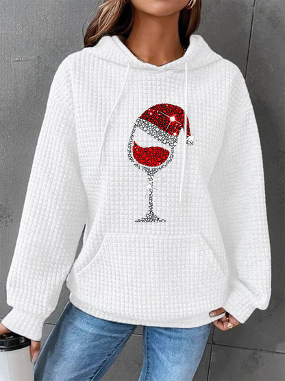 Mujeres de Navidad de vino rojo de cristal de impresión Casual Waffle Hoodie