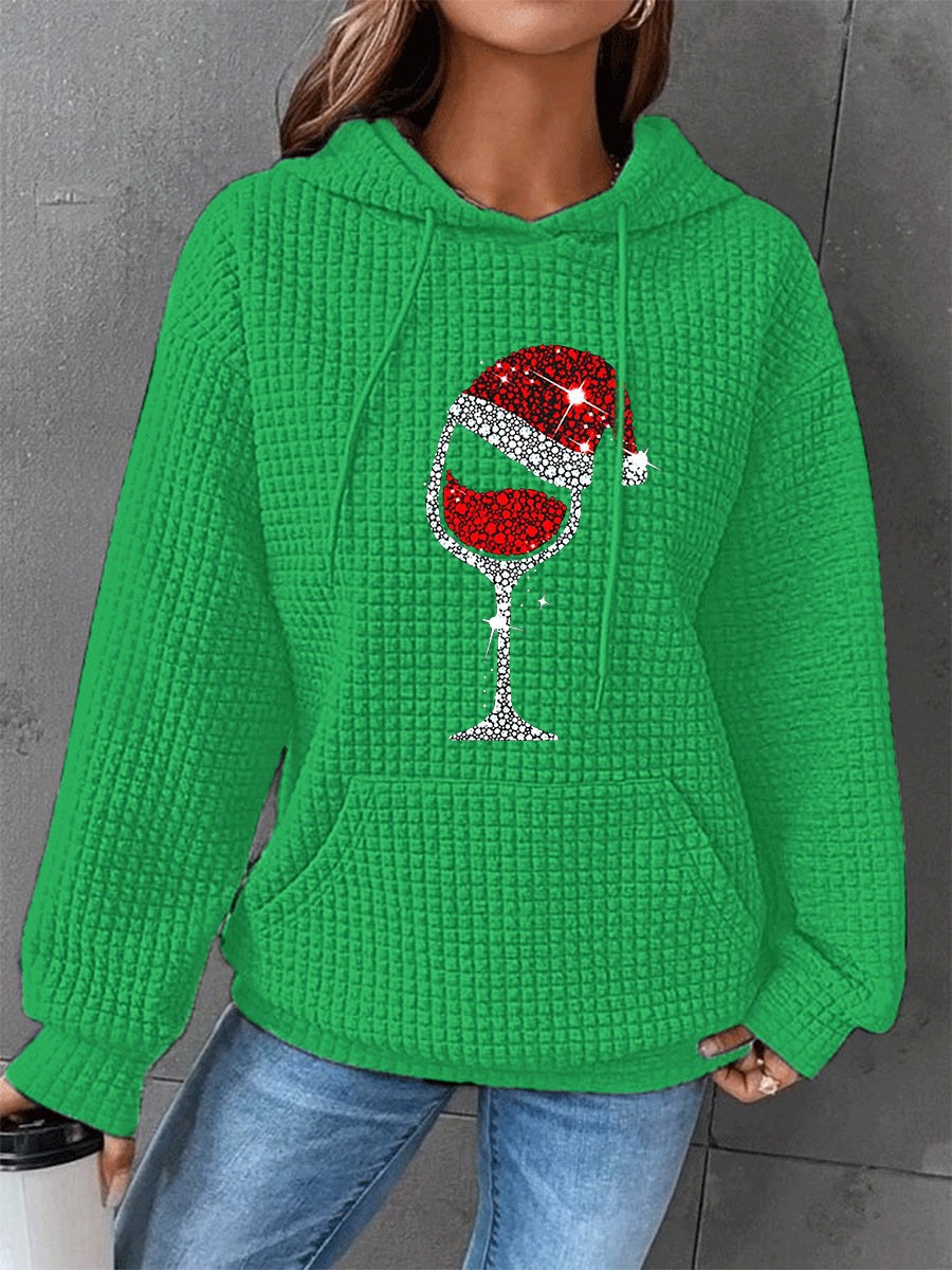 Mujeres de Navidad de vino rojo de cristal de impresión Casual Waffle Hoodie