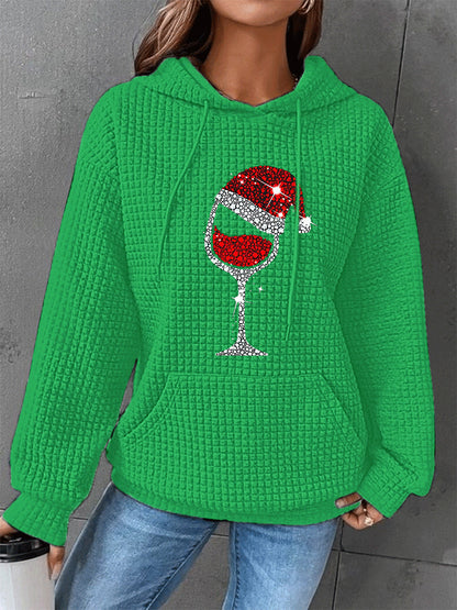 Mujeres de Navidad de vino rojo de cristal de impresión Casual Waffle Hoodie