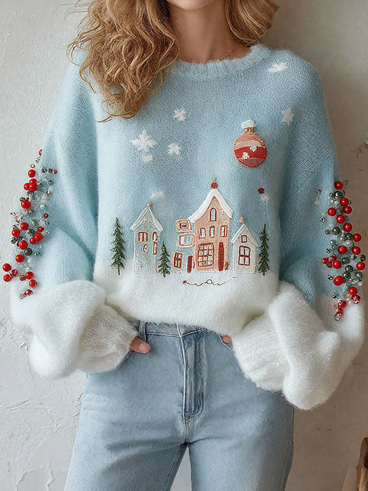 Tops estampados del pueblo de la nieve de la Navidad de las mujeres