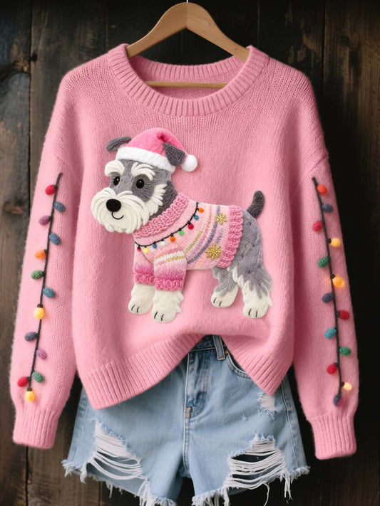 Suéter de punto acogedor del arte del fieltro del perro del schnauzer de la Navidad de las mujeres
