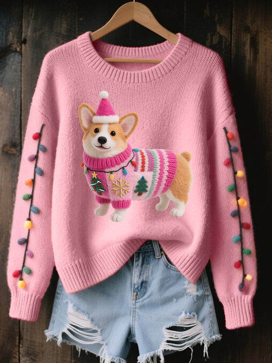 Suéter de punto acogedor del arte del fieltro del perro del Corgi de la Navidad de las mujeres