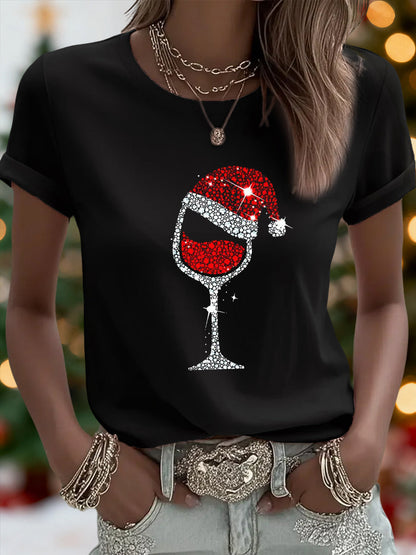 Camiseta casual con estampado de vidrio de vino rojo de Navidad para mujer