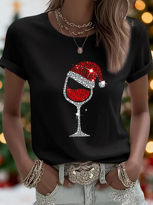 Camiseta casual con estampado de vidrio de vino rojo de Navidad para mujer