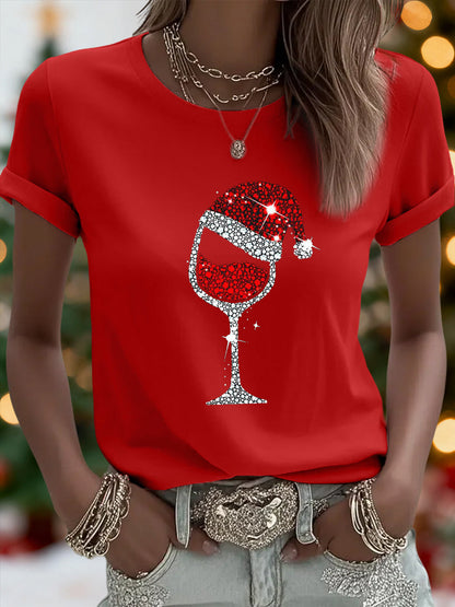 Camiseta casual con estampado de vidrio de vino rojo de Navidad para mujer