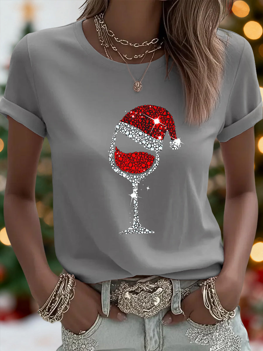 Camiseta casual con estampado de vidrio de vino rojo de Navidad para mujer