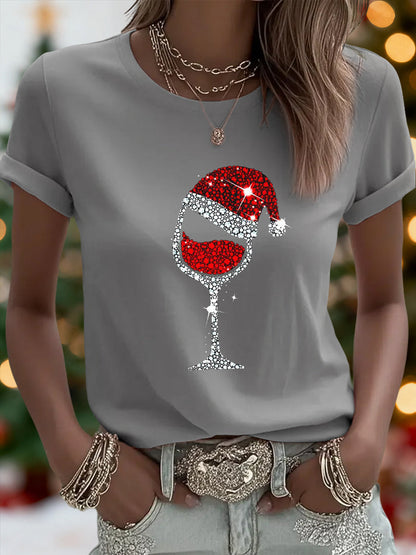 Camiseta casual con estampado de vidrio de vino rojo de Navidad para mujer