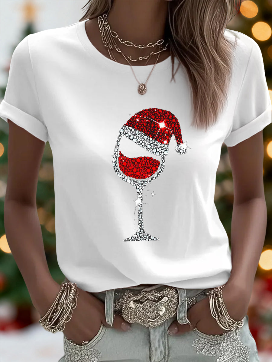 Camiseta casual con estampado de vidrio de vino rojo de Navidad para mujer