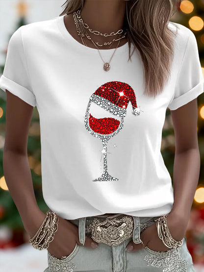 Camiseta casual con estampado de vidrio de vino rojo de Navidad para mujer